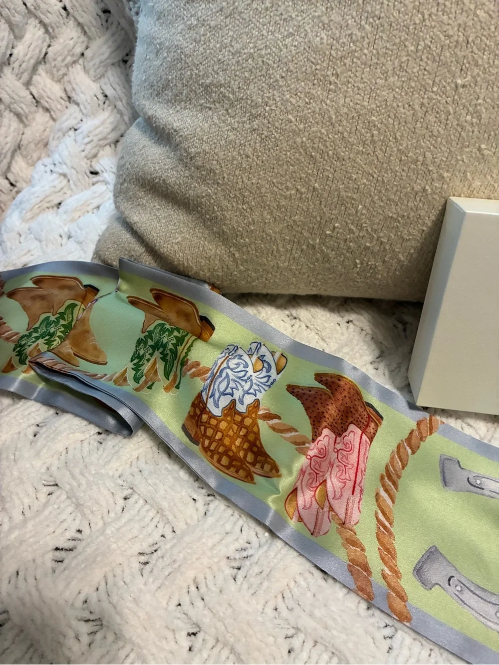 Boot Silk Ribbon Scarf in Pastel Yellow by Catherine Cartie, Fort Worth Artist